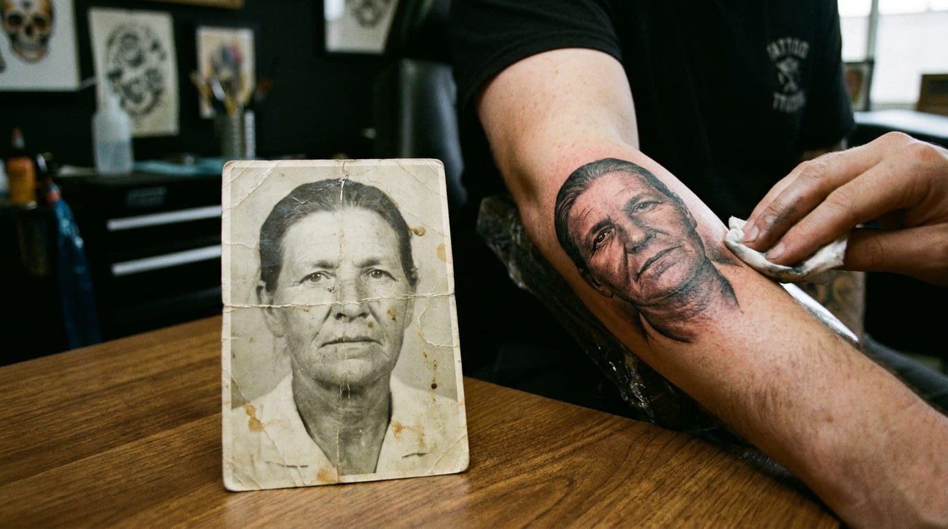 Fotografía antigua utilizada como referencia para un tatuaje realista