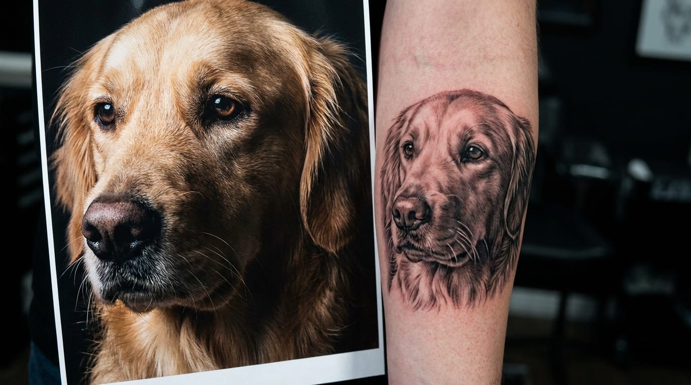 Fotografía de un perro utilizada como referencia para un tatuaje realista de mascota