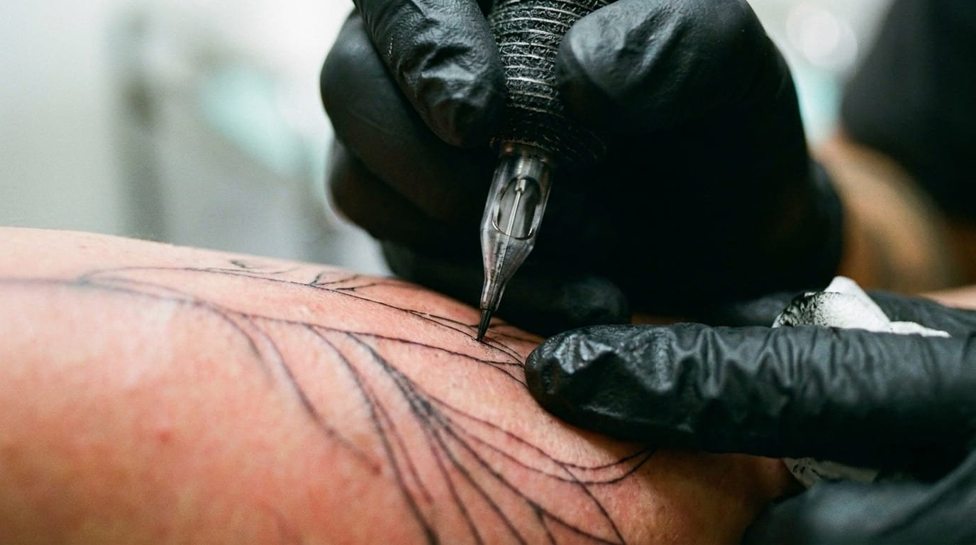 Ejecución de una línea fina durante un tatuaje fine line