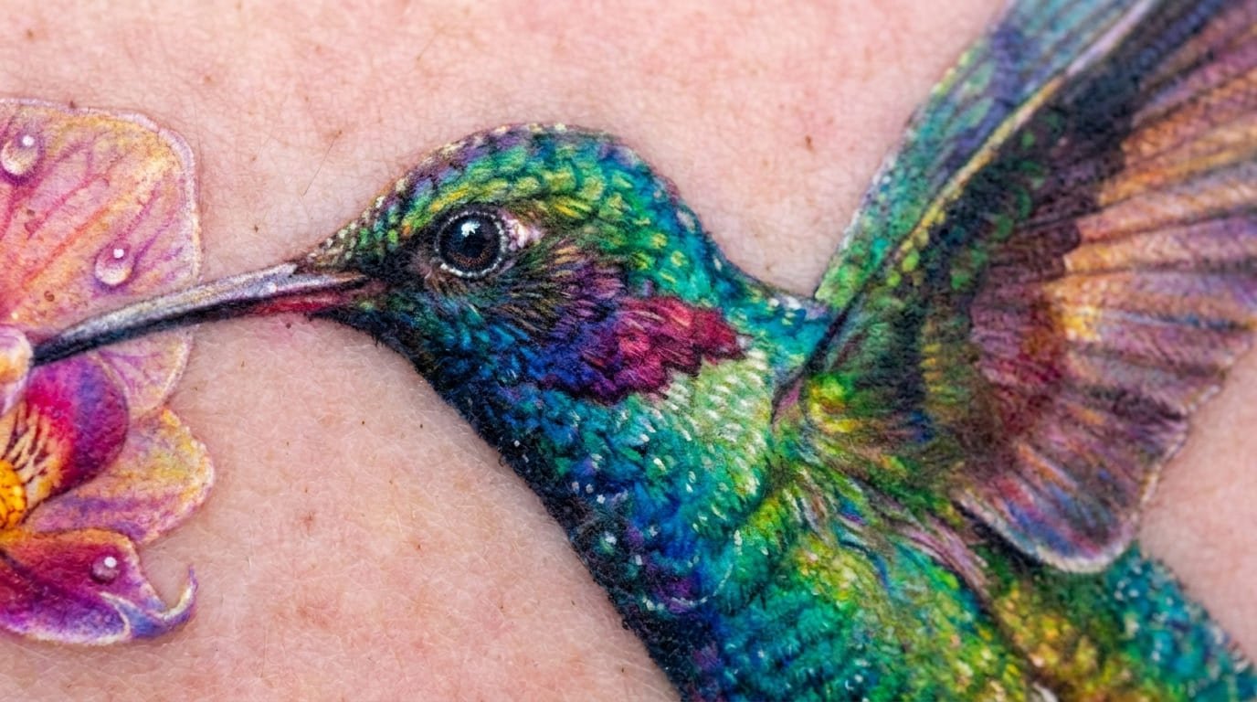 Detalle ampliado de color, luces y sombras en un tatuaje microrealista
